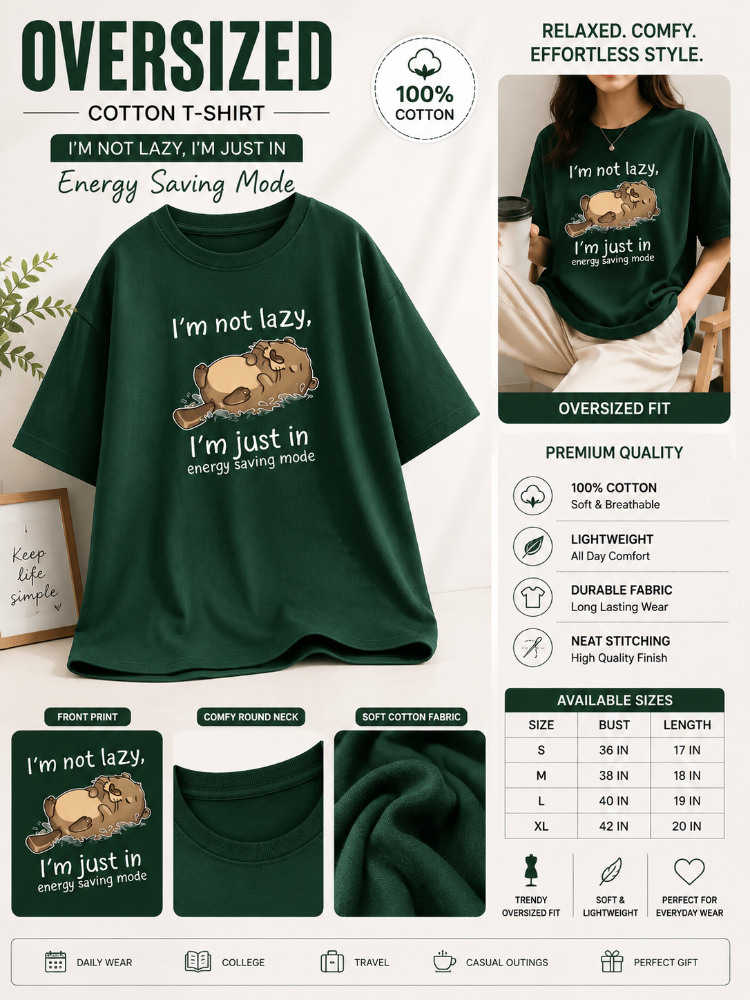 Women's Oversized Cotton Graphic T-Shirt – Energy Saving Mode Edition