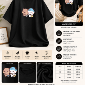 Women’s Oversized Graphic Cotton T-Shirt – Cute Bear Print New Edition
