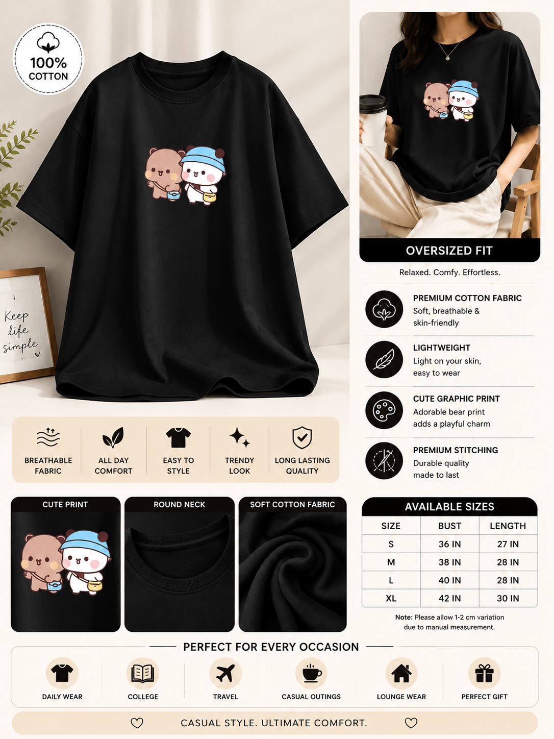Women's Oversized Graphic Cotton T-Shirt โ Cute Bear Print New Edition